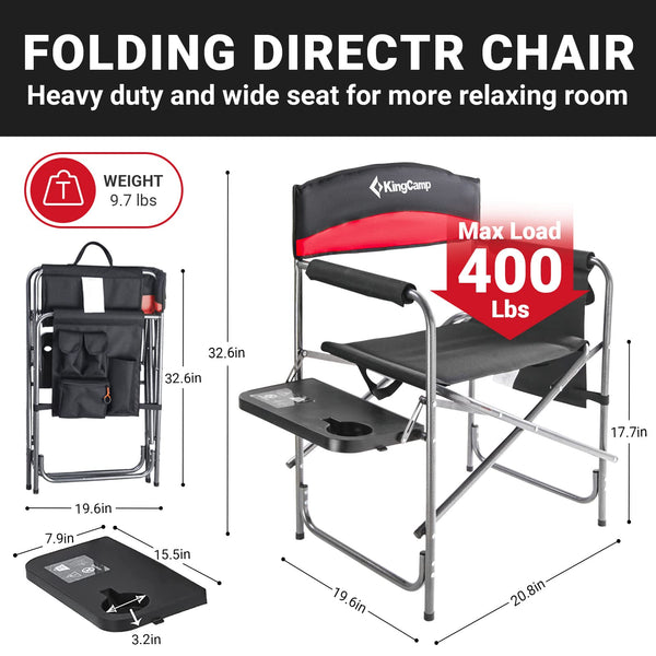 KingCamp Folding Camping Chairs for Adluts Heavy Duty Directors Chair with Cooler Bag and Side Table Support up to 150KG