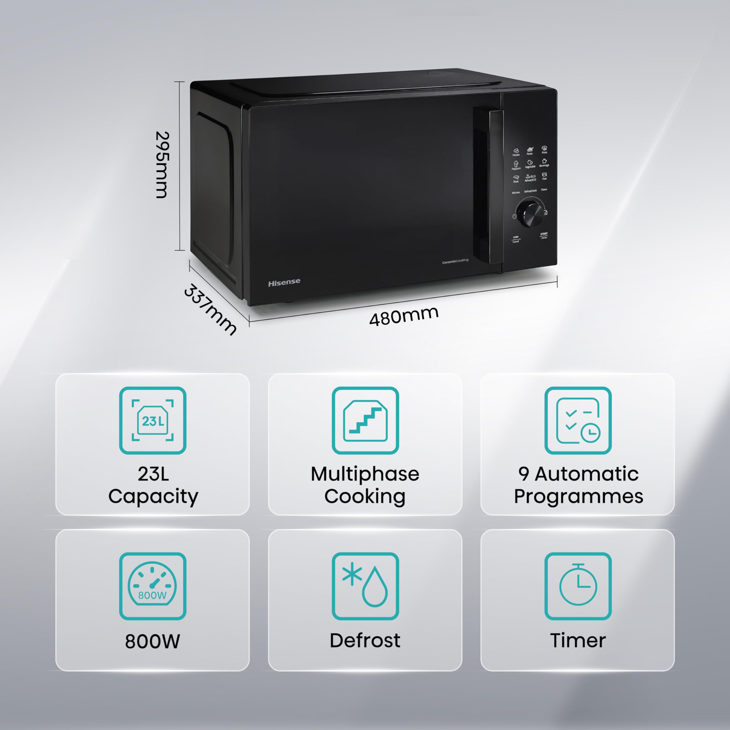 Hisense H23MOBSD1HUK 23 Litre 800W electronic Microwave with Auto Defrost, Digital Display, Smart Cook, Multi level cooking and Easy Clean- Black