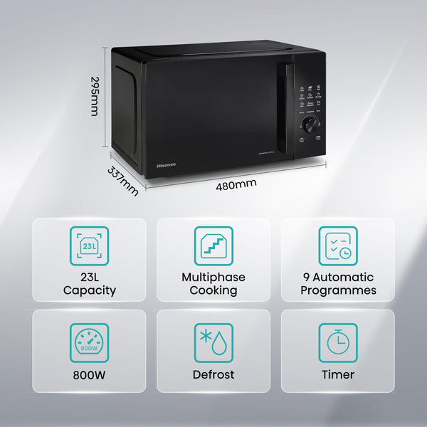 Hisense H23MOBSD1HUK 23 Litre 800W electronic Microwave with Auto Defrost, Digital Display, Smart Cook, Multi level cooking and Easy Clean- Black