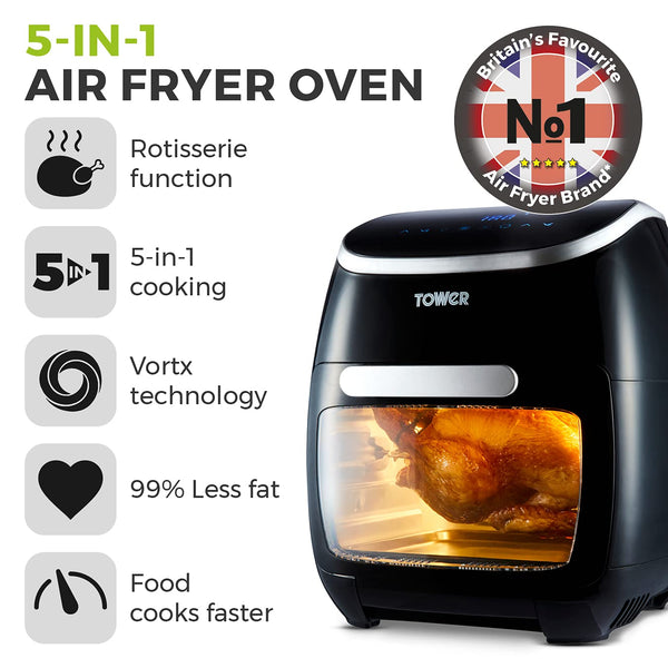Tower T17122 Vortx Platinum Xpress Digital 30L Air Fryer Oven with Vizion Viewing Window, 18 Cooking Options, 2 Hour Timer, 1800W, Black