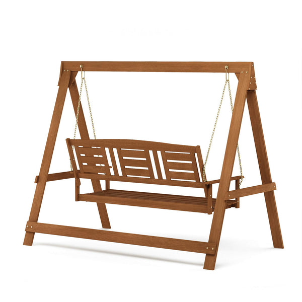 Furinno Tioman Hardwood Hanging Porch Swing with Stand in Teak Oil, Natural