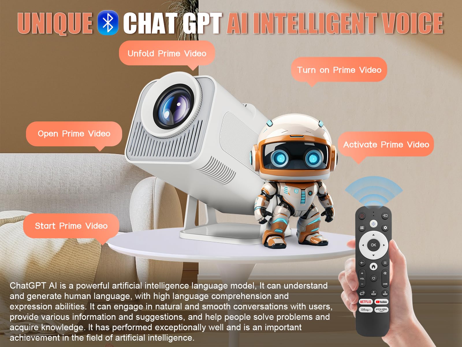 Upgraded HY320 Android 13 Smart Projector 4K Netflix Official, 320 ANSI Projector with WiFi Bluetooth, 180° Rotatable, Auto Keystone, ChatGPT Voice Assistant Portable Video Projectors for Bedroom