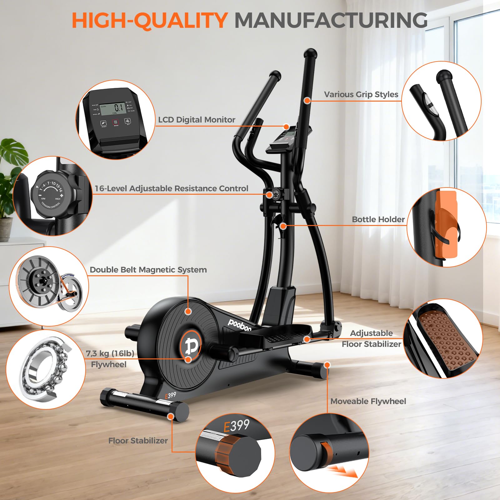 pooboo Elliptical Machine, Elliptical Exercise Machine with 16-Level Resistance&Hyper-Quiet Magnetic Driving System, Elliptical Machine for Home with LCD Monitor&15.5IN Stride, 350LBS Weight Capacity