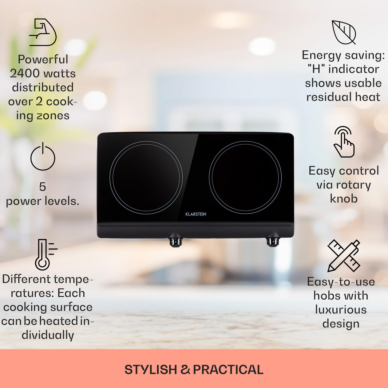 Klarstein Ceramic Hob, 2400W Electric Hob Ceramic Cooker, 2 Ring Electric Pan Hob, Built-In Table Top Cookers w/ 2 Hobs, Stainless Steel Ceramic Heater Cooktops, Electric Hot Plates for Cooking