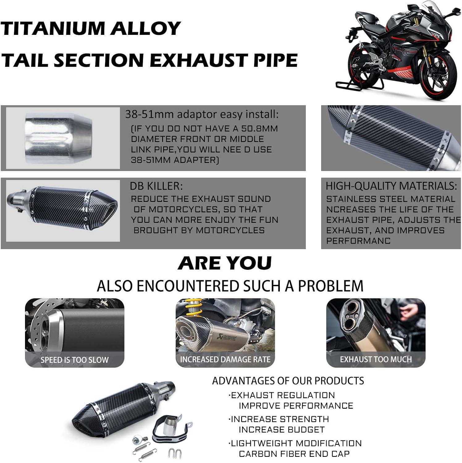 Motorcycle Slip On Exhaust Muffler, 38-51mm/1.5-2in Inlet Stainless Steel Universal Motorcycle Exhaust Mufflers Exhaust Muffler Carbon Fiber Pipe for Motorcycles Modification