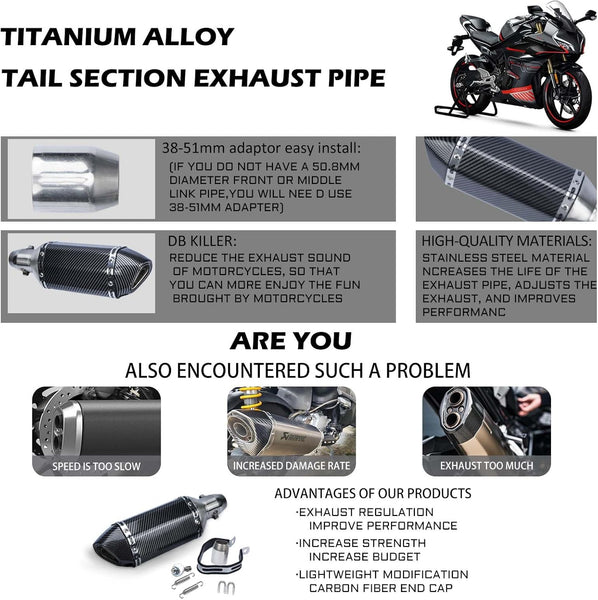 Motorcycle Slip On Exhaust Muffler, 38-51mm/1.5-2in Inlet Stainless Steel Universal Motorcycle Exhaust Mufflers Exhaust Muffler Carbon Fiber Pipe for Motorcycles Modification
