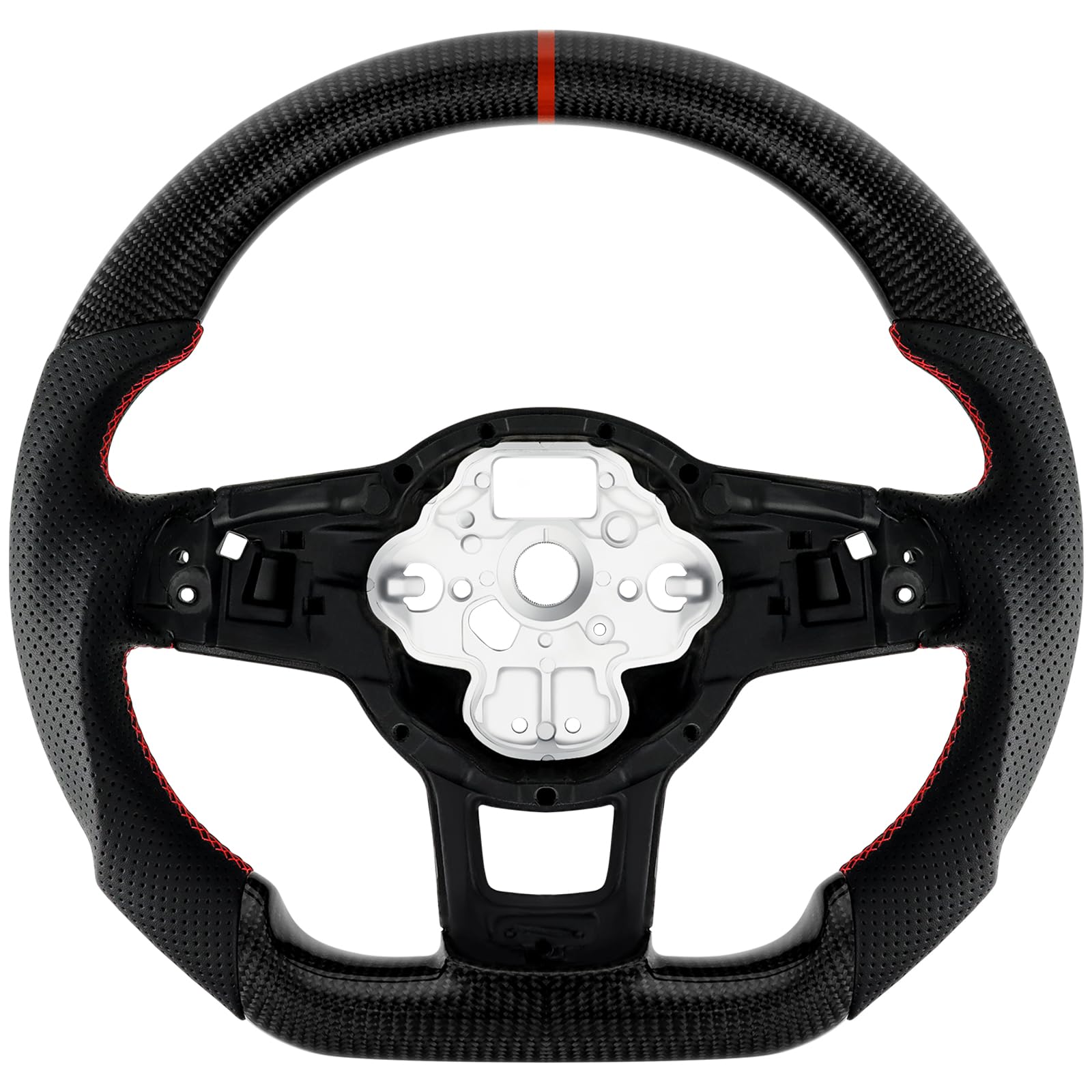 Acclcors Carbon Fiber Steering Wheel, D-Shaped Flat-Bottomed Steering Wheel with Red Stitching, Perforated Leather Grip for VW Volkswagen Golf MK6 2008-2014