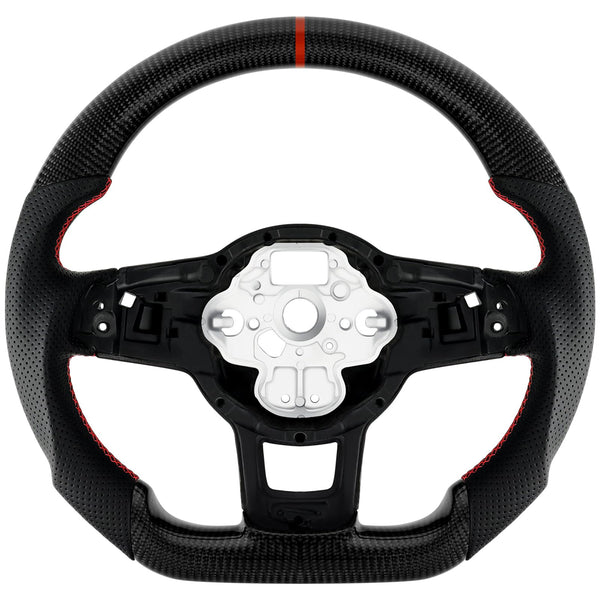Acclcors Carbon Fiber Steering Wheel, D-Shaped Flat-Bottomed Steering Wheel with Red Stitching, Perforated Leather Grip for VW Volkswagen Golf MK6 2008-2014