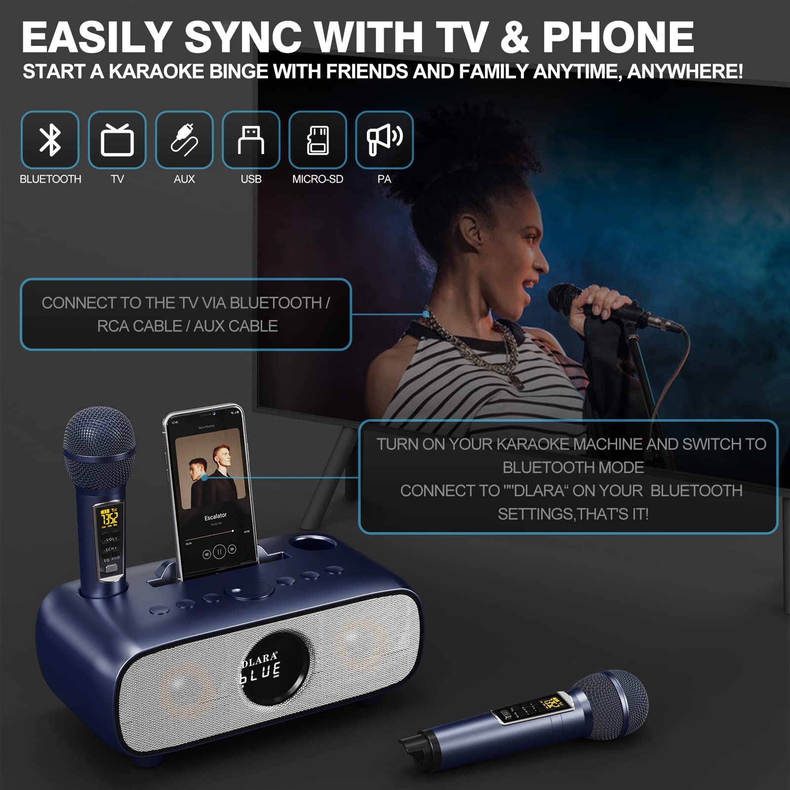 Upgrade Karaoke Machine for Adults and Kids,Portable Bluetooth 2 UHF Wireless Karaoke Microphone with Holder/USB/TF Card/AUX-in,PA Speaker System for Home Party, Picnic,Car,Outdoor/Indoor-Grey