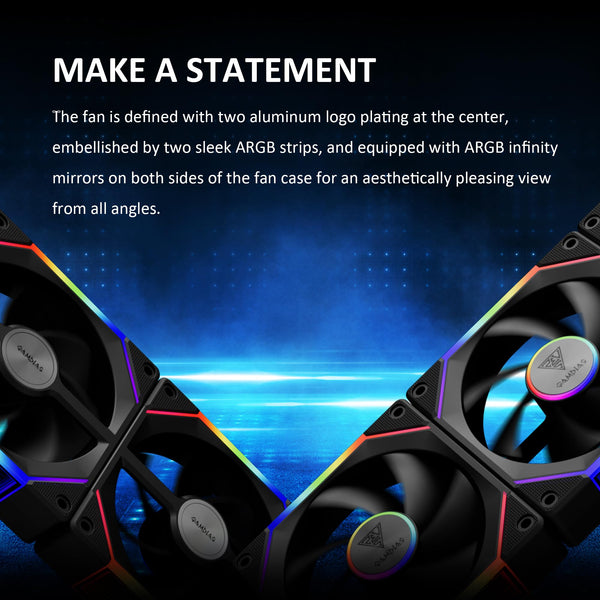 GAMDIAS 120mm ARGB PC Case Fans, Computer Case Fan, Cabless Daisy Chain Connection, Dual Infinity Mirror Lighting, Swappable Fan Blade for Reverse Airflow, Performance 30mm Thick, With Control Box