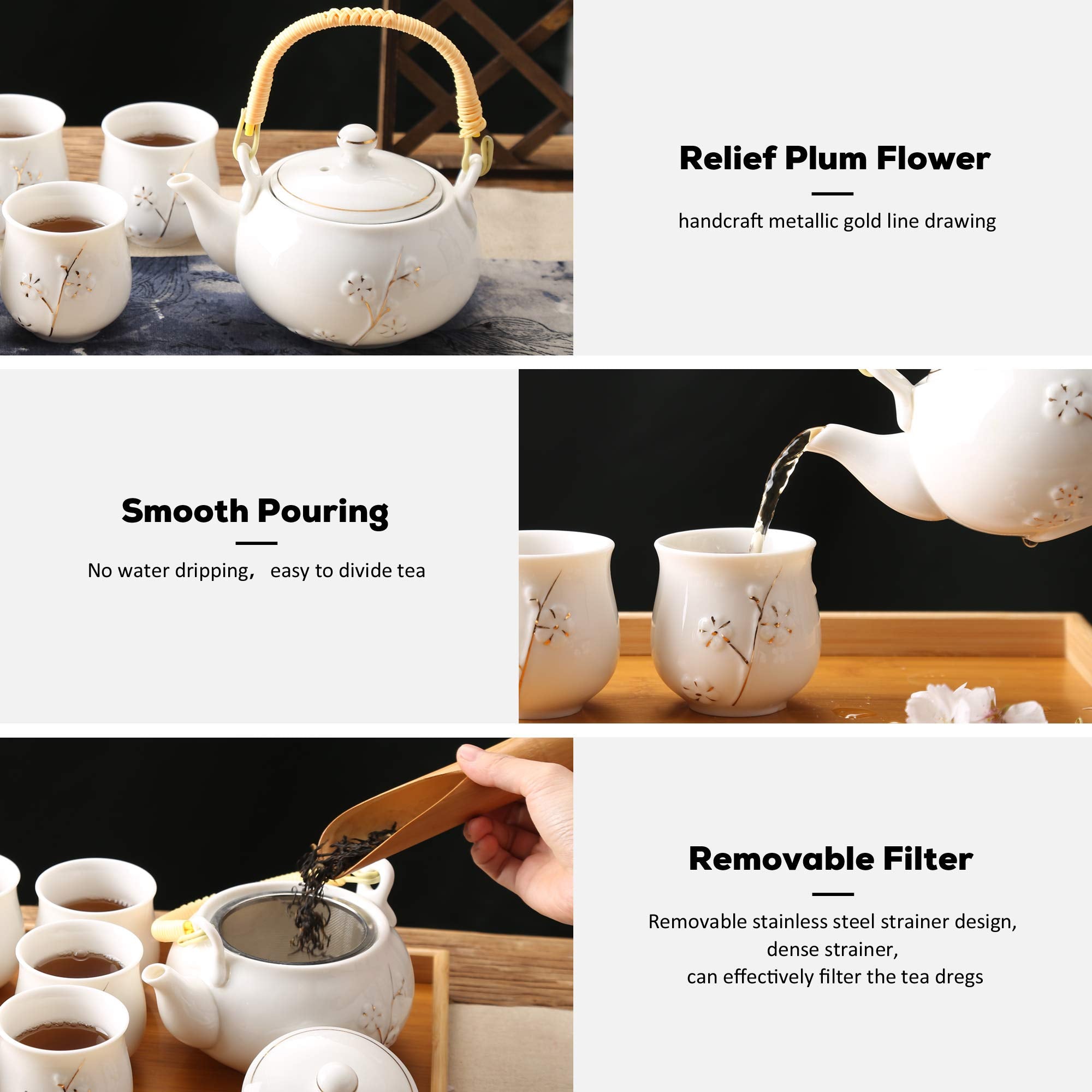 Dujust Japanese White Porcelain Tea Set - Teapot, 6 Tea Cups, Tray & Stainless Infuser - Plum in Golden