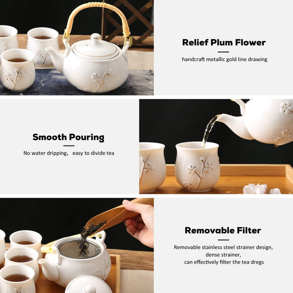 Dujust Japanese White Porcelain Tea Set - Teapot, 6 Tea Cups, Tray & Stainless Infuser - Plum in Golden