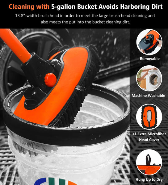 YeewayVeh Car Wash Brush, 43" Extendable Car Wash Brush Mop with Long Handle, 15 Degree Curved Soft Car Cleaning Brush kit with Extra Microfiber Brush Head for Truck SUV Cleaning, Orange