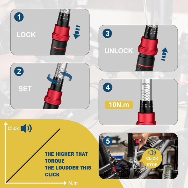 VANPO Torque Wrench 3/8” Drive, 5-60 NM, ±3% Accuracy, 72 Tooth Click Torque Wrench Set with 3/8 to 1/4 Adapter, 125 mm Extension Bar for Bike and Motorcycle, Car Spark