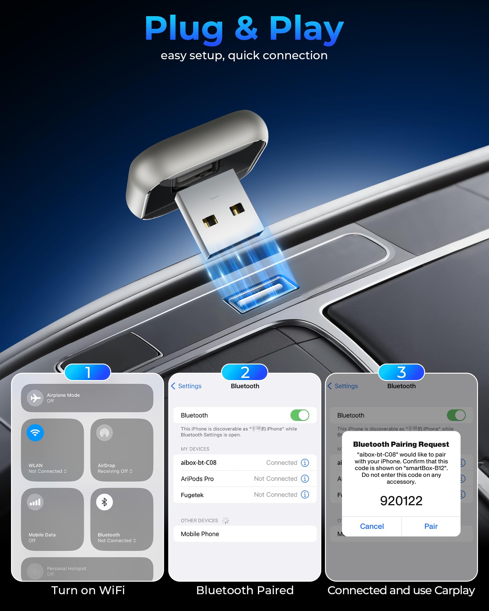 Wireless CarPlay Adapter for APPLE iPhone - Upgrade Wired CarPlay to Wireless Device, Mini T-shaped for Cars USB Plug and Play Auto Reconnect, for Portable Car GPS Navigation Broadcast