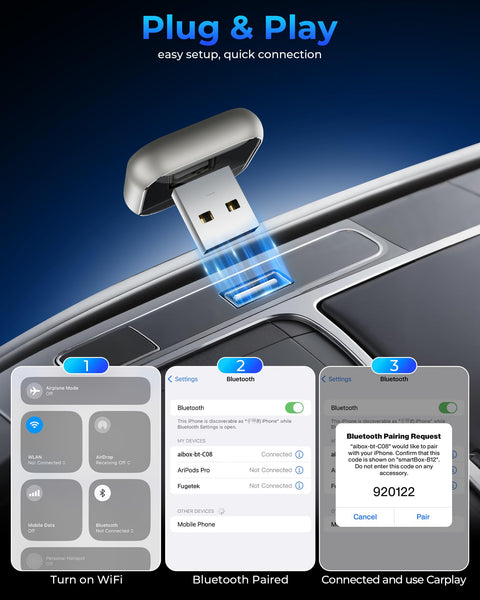 Wireless CarPlay Adapter for APPLE iPhone - Upgrade Wired CarPlay to Wireless Device, Mini T-shaped for Cars USB Plug and Play Auto Reconnect, for Portable Car GPS Navigation Broadcast