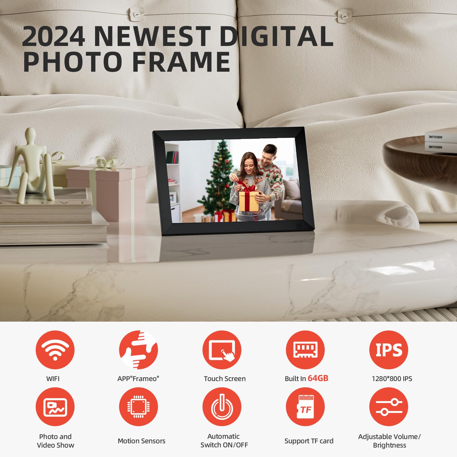 10.1 Inch WiFi Digital Photo Frame Built in 32GB Memory, 1280x800 IPS LCD Touchscreen, Auto-Rotate and Audio, Quick and Easy Share Photos or Videos via the Frameo App, the Best Choice for Gifting