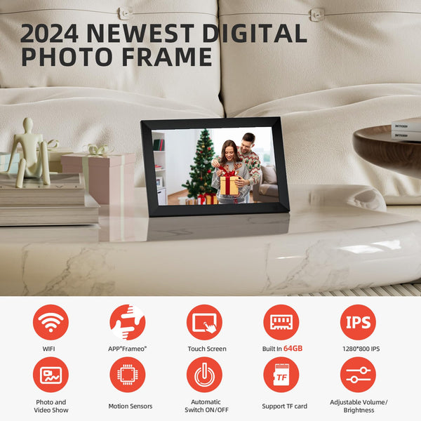 10.1 Inch WiFi Digital Photo Frame Built in 32GB Memory, 1280x800 IPS LCD Touchscreen, Auto-Rotate and Audio, Quick and Easy Share Photos or Videos via the Frameo App, the Best Choice for Gifting