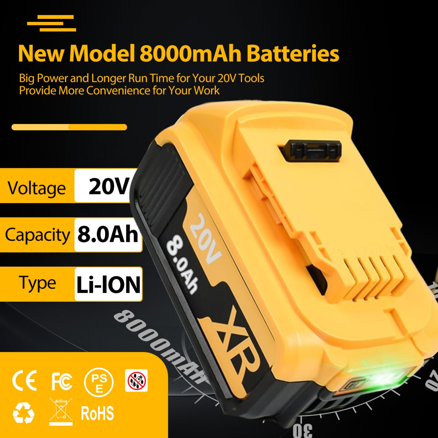 2 Pack 8.0Ah DCB182 Replacement for Dewalt 18V Battery, Compatible with Dewalt Batteries DCB200 DCB184 DCB101 DCB107 DCB112 DCB105 DCB115 DCB203 with LED Indicator