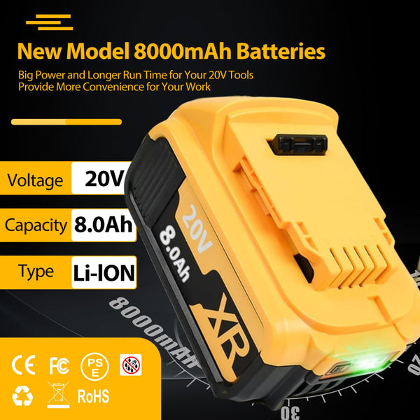 2 Pack 8.0Ah DCB182 Replacement for Dewalt 18V Battery, Compatible with Dewalt Batteries DCB200 DCB184 DCB101 DCB107 DCB112 DCB105 DCB115 DCB203 with LED Indicator