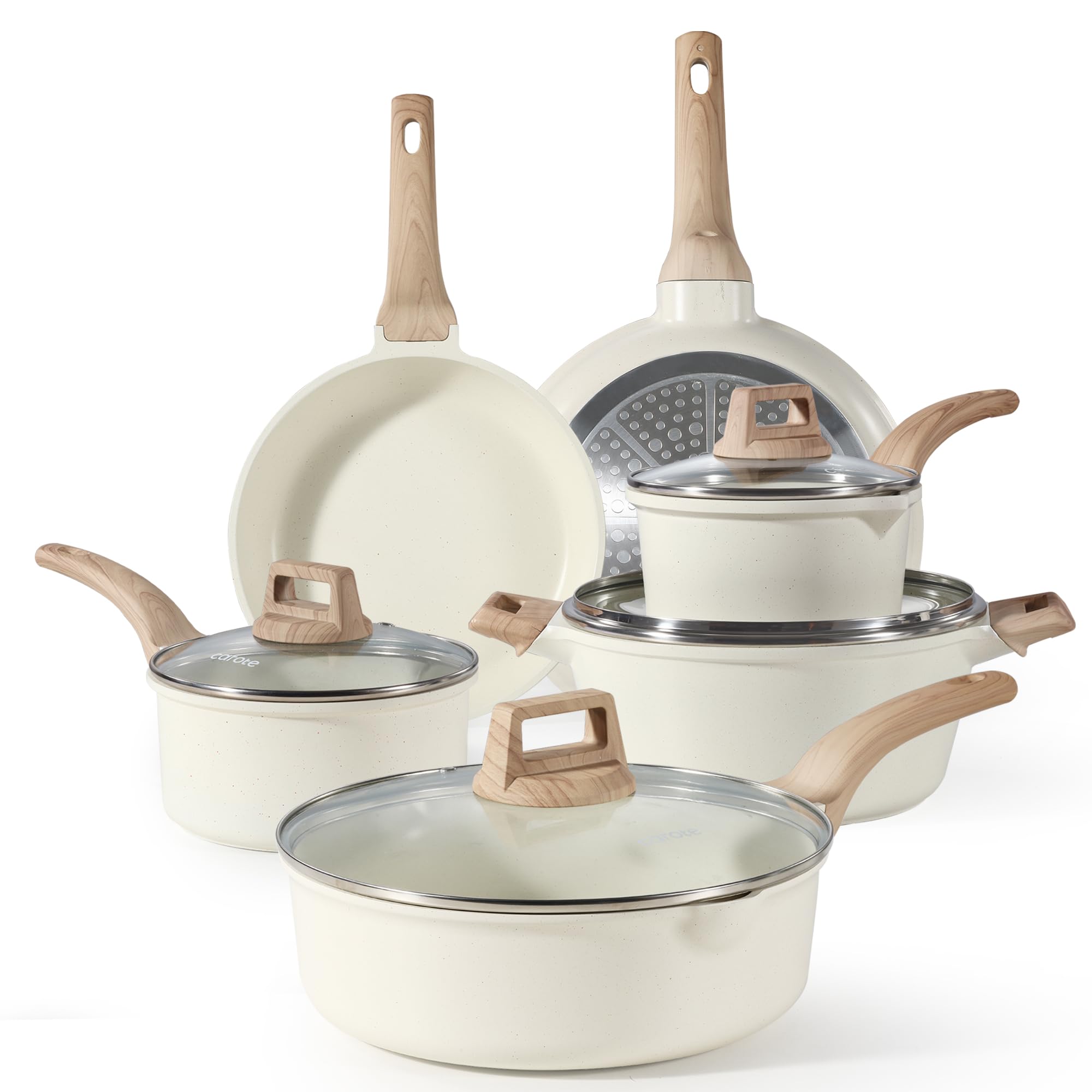 CAROTE Pots and Pans Sets Non Stick, 8 PCS White Granite Induction Hob Pan Set, Natural Non Toxic Cooking Cookware Set with Saucepan Set,Suitable for All Stoves