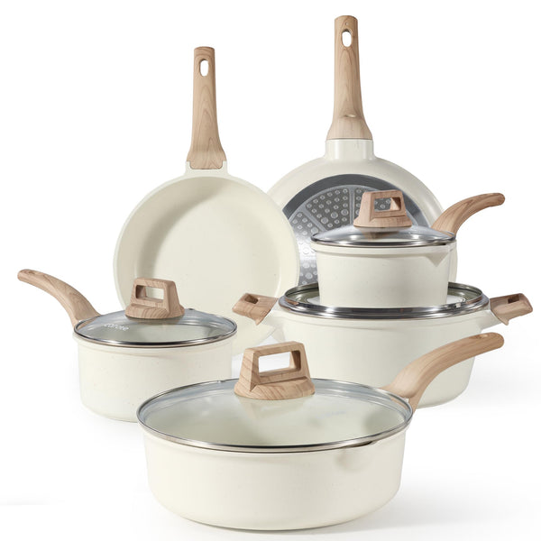 CAROTE Pots and Pans Sets Non Stick, 8 PCS White Granite Induction Hob Pan Set, Natural Non Toxic Cooking Cookware Set with Saucepan Set,Suitable for All Stoves