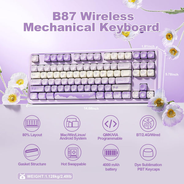 YUNZII B87 Wireless Mechanical Keyboard,QMK/VIA Software Custom Gaming,Gasket RGB Keyboard with Cute MOA Keycaps,Wrist Rest,BT5.0/2.4G/USB-C NKRO for Win/Mac (butter, milk v2 linear)