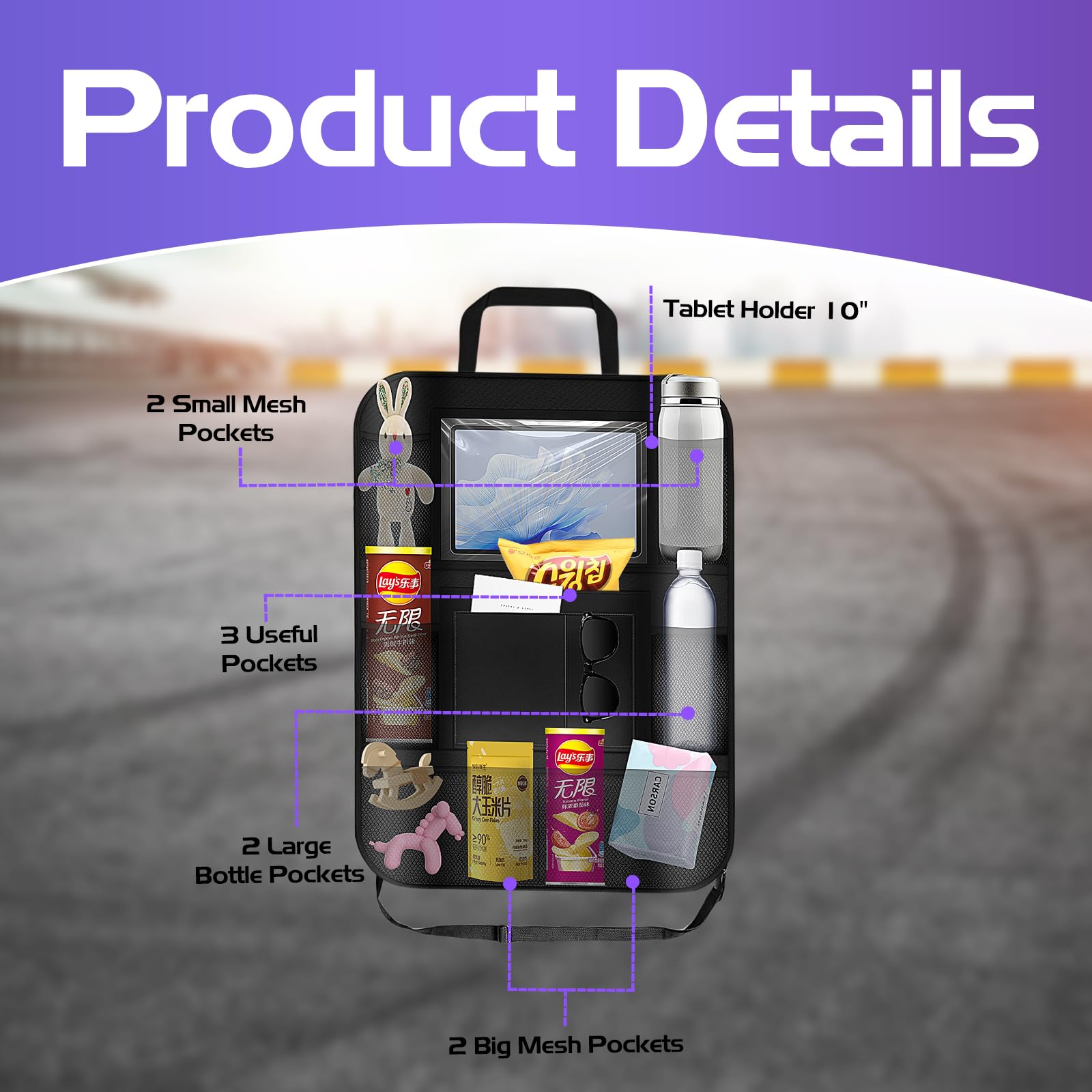 Resszo Car Organiser,Car Seat Organiser for Kids with Tablet Holder, Multifunctional WaterProof Back Seat Protector with 10.5 iPad Foldable Tray Table, 6 Pockets Toy Storage