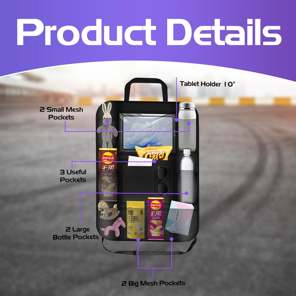 Resszo Car Organiser,Car Seat Organiser for Kids with Tablet Holder, Multifunctional WaterProof Back Seat Protector with 10.5 iPad Foldable Tray Table, 6 Pockets Toy Storage