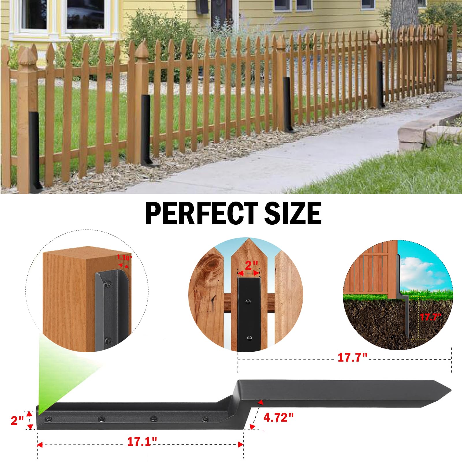Fence Post Repair Spike - 2 Pack Heavy Duty Fence Post Support Ground Spike for Tilted or Broken Wooden Fence Posts, Durable Garden Fencing Solution