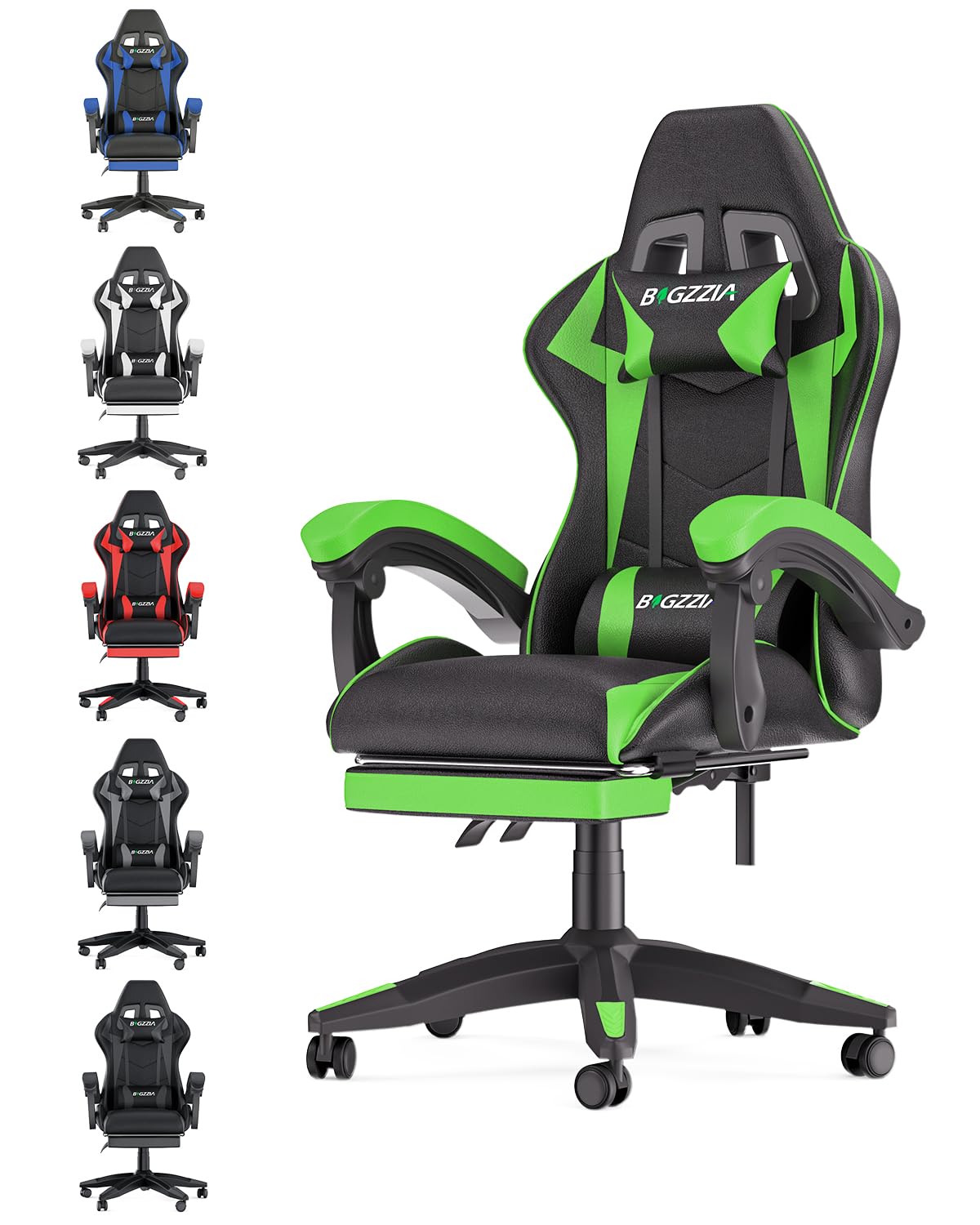 bigzzia Ergonomic Gaming Chair - Gamer Chairs with Lumbar Cushion + Headrest, Height-Adjustable Office & Computer Chair for Adults (without footrest, White)