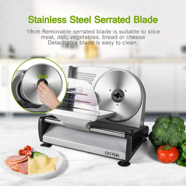 OSTBA SL-518 Electric Deli Food Slicer with Child Lock Protection, Removable 19cm Stainless Steel Blade and Food Carriage, 0-15mm Adjustable Thickness Food Slicer Machine for Meat, Cheese, Bread,150W