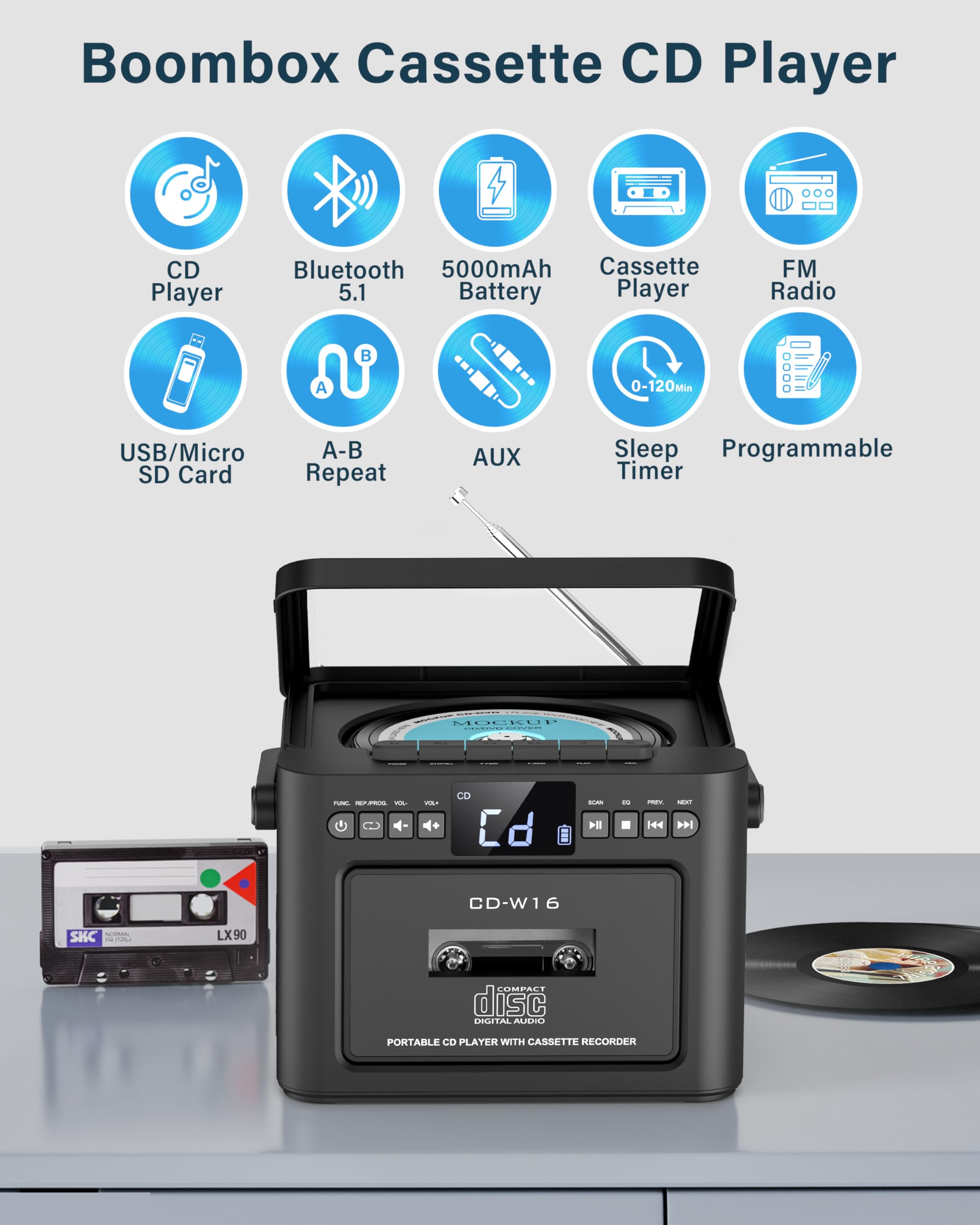 Greadio Portable CD Player for Home, Rechargeable Boombox Cassette Player, FM Radio CD Player with Bluetooth, 5000mAh Battery, Remote Control, USB, AUX, TF/SD Card, 5W Dual Stereo Speaker (Black)