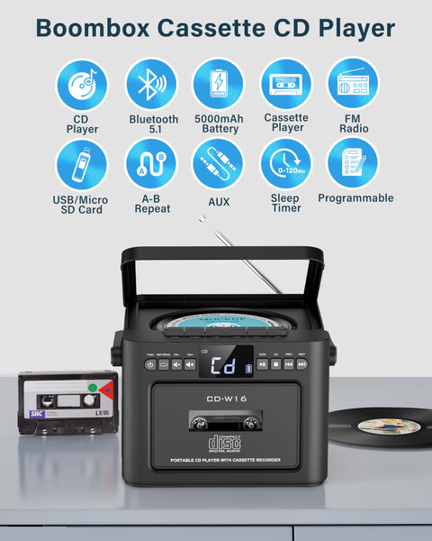 Greadio Portable CD Player for Home, Rechargeable Boombox Cassette Player, FM Radio CD Player with Bluetooth, 5000mAh Battery, Remote Control, USB, AUX, TF/SD Card, 5W Dual Stereo Speaker (Black)