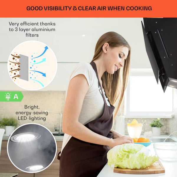 Klarstein Alina 90 Angled Cooker Hood - 600m³/h Air Flow, Touch Panel, LED Backlighting, Quiet 63dB, Energy Class A, 90cm Extractor Hood, Black