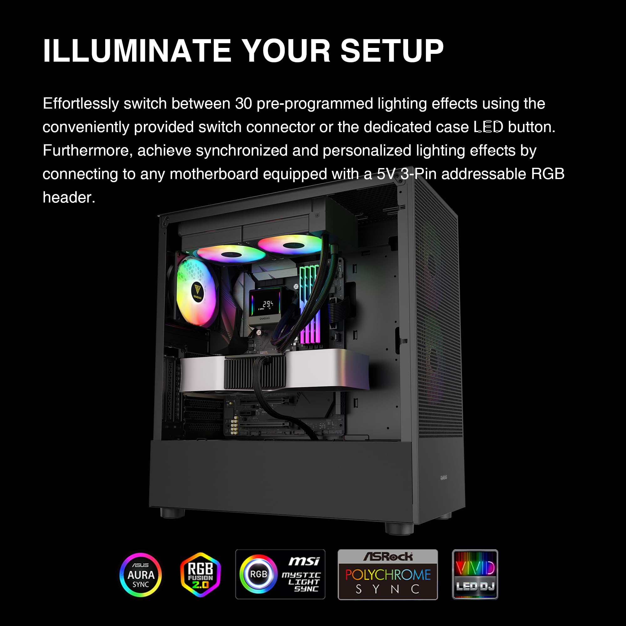 GAMDIAS CHIONE E4 240mm AIO Liquid CPU Cooler, Real-Time Digital Display Patented PWM Pump, 2 x 120mm Easy Cable Management Daisy Chained Fans w/ ARGB Sync, Intel LGA 1851/1700/1200；AMD AM5/AM4, Black