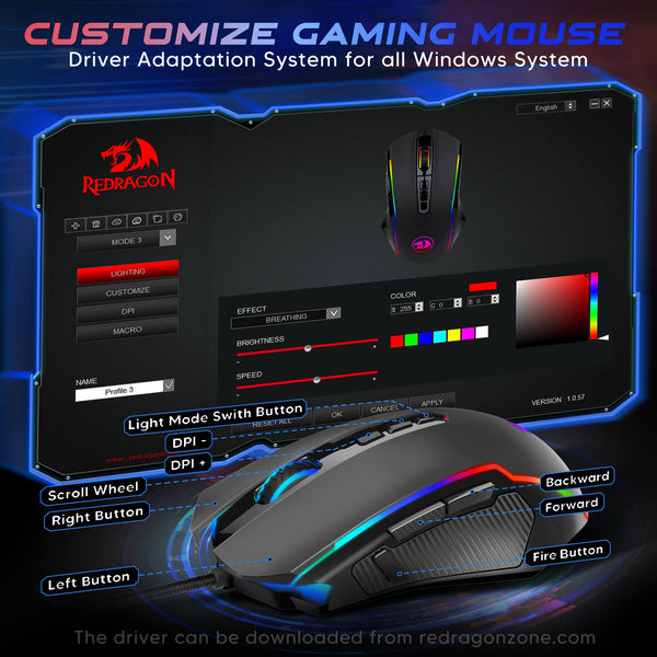 Redragon Gaming Mouse, RGB Gaming Mouse Wired with 9 Programmable Macro Buttons, Chroma RGB Backlit, 8000 DPI Adjustable, PC Gaming Mice with Fire Button for Windows/Mac, Black, M910-K