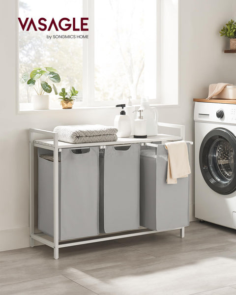 VASAGLE Laundry Basket, Laundry Hamper, Pull-Out and Removable Liner Bag, Shelf, Metal Frame, 65 L, 50 x 33 x 72 cm, Ink Black and Rustic Brown BLH101B01