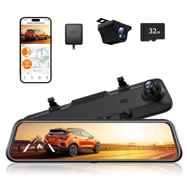 WOLFBOX G840S 12" 4K Mirror Dash Cam with 5.8GHz WiFi, 2160P Full HD Smart Rearview Mirror for Cars & Trucks, Front and Rear Dual Cameras, Night Vision, Reverse Assist, Included 32GB Card & GPS