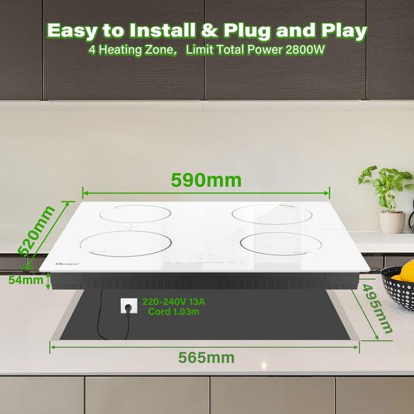 GlONlEN Plug-in Induction Hob White 13 Amp 2800W,59cm Integrated Electric Cooktop with Bridge Zone, 4 Cooking Rings,Built-in Cooker