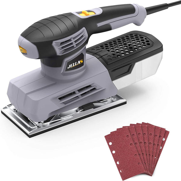 Jellas Sander, 220W 1/3 Sheet Sander, 12000RPM 6 Variable Speeds Electric Sander for Wood with Dust Collection Box, 12Pcs Sanding Sheets, Fast Paper Clamping Mechanism