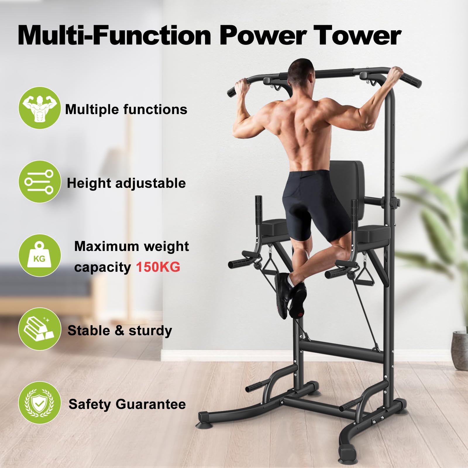 Dskeuzeew Power Tower Dip Station Pull Up Bar, Adjustable Height Multi-Function Power Tower, Push Up Workout Abdominal Exercise for Home Gym Strength Training Fitness Workout Equipment