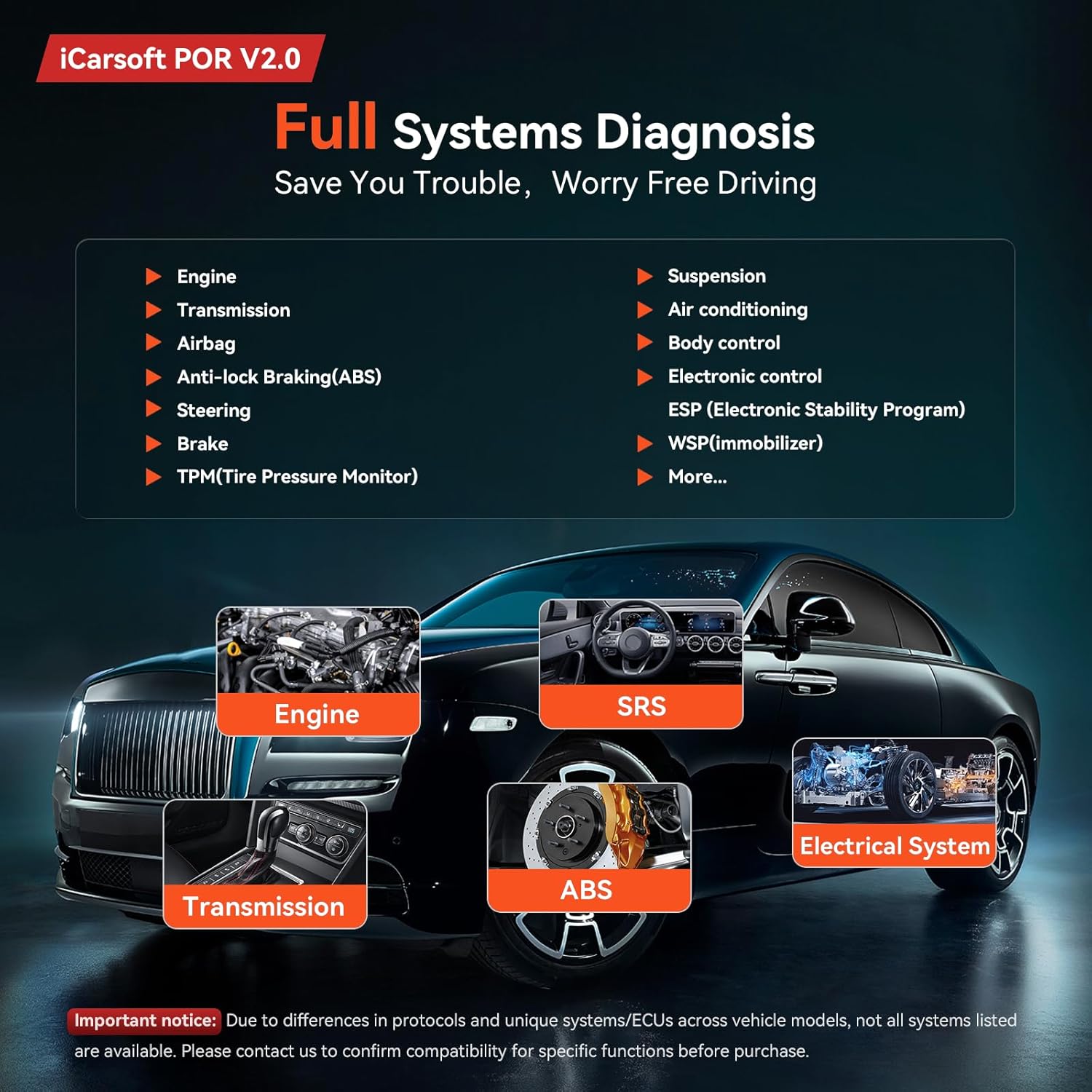 iCarsoft POR V2.0 OBD Diagnostic Tool for Porsche/Cayenne, Full Systems Diagnostic Scan Tool, OBD2 Scanner with 9 Reset Services, Oil/SAS/EPB/BMS/ETC/DP-F/BLD/INJ/TPMS, Battery Test, Free Upgrade