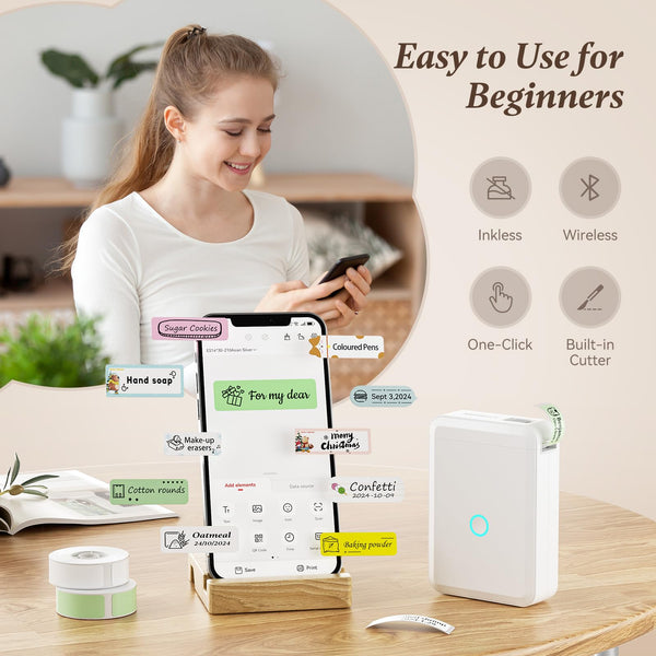 NIIMBOT Label Maker Machine, D110 Upgraded Version Sticker Printer Maker with 1 Roll White Starter Label Paper, Thermal Label Printer for School Office Home Organization