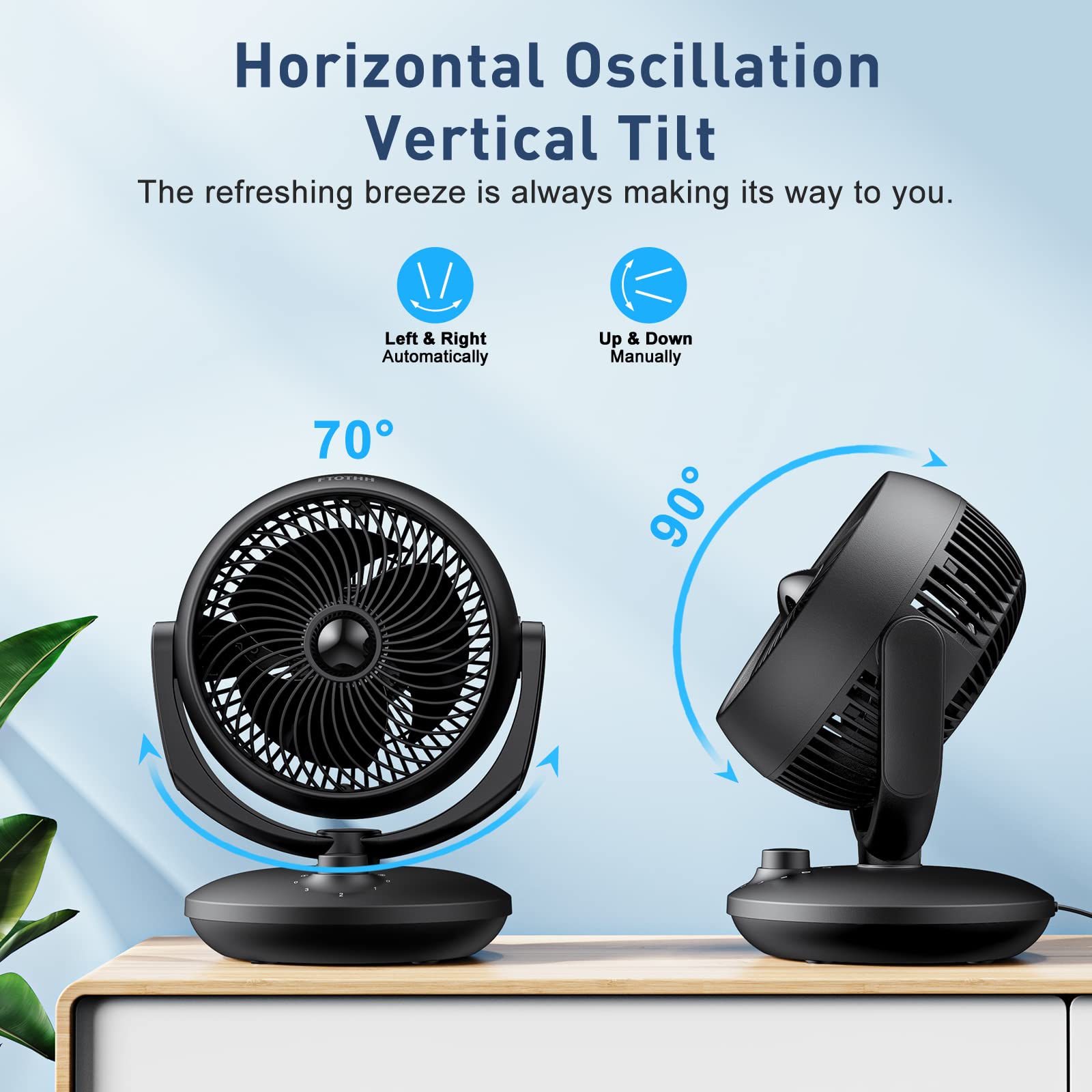 Air Circulator Desk Fan, Silent Cooling Fan, Portable Quiet Table Oscillating Fan with 3 Speed Settings, 90 Adjustable Tilt for Rooms, Wide-Angle