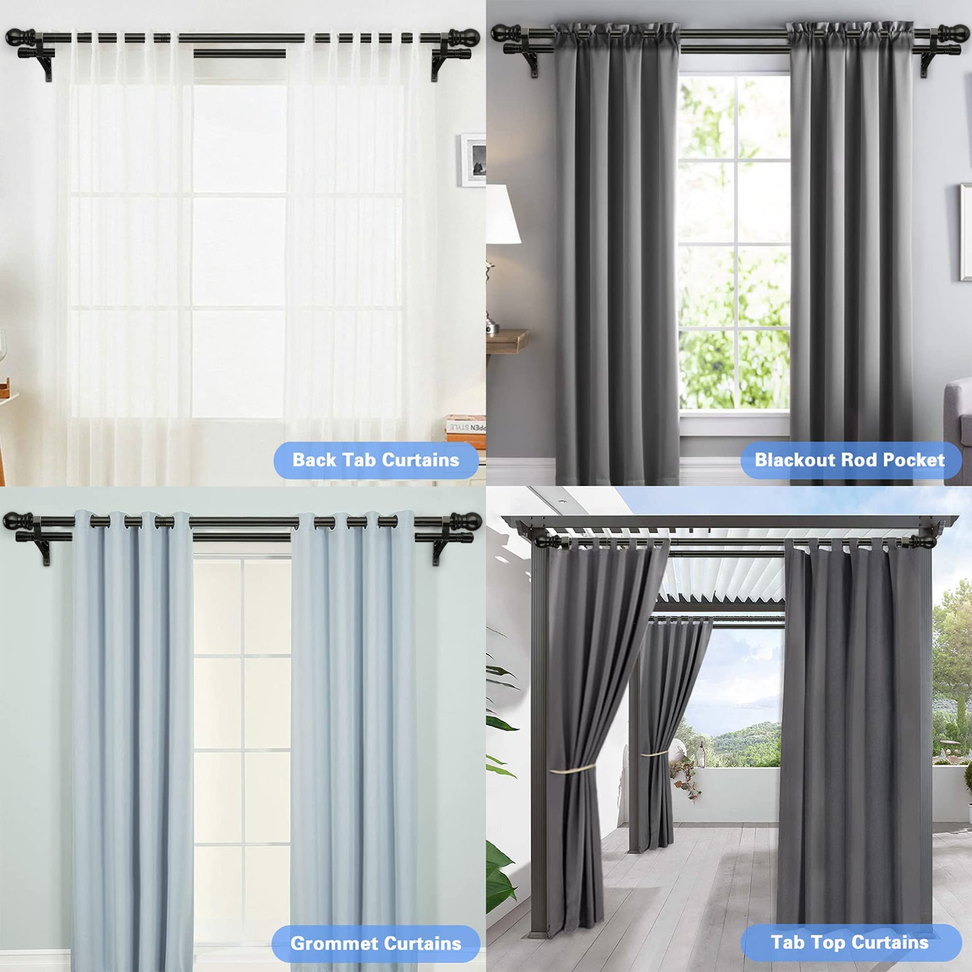 Harrms Double Curtain Pole for Eyelet Curtains - Black, Extendable Metal Rod 76-368cm - Room Darkening for Blackout and Voile Curtains