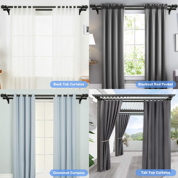 Harrms Double Curtain Pole for Eyelet Curtains - Black, Extendable Metal Rod 76-368cm - Room Darkening for Blackout and Voile Curtains