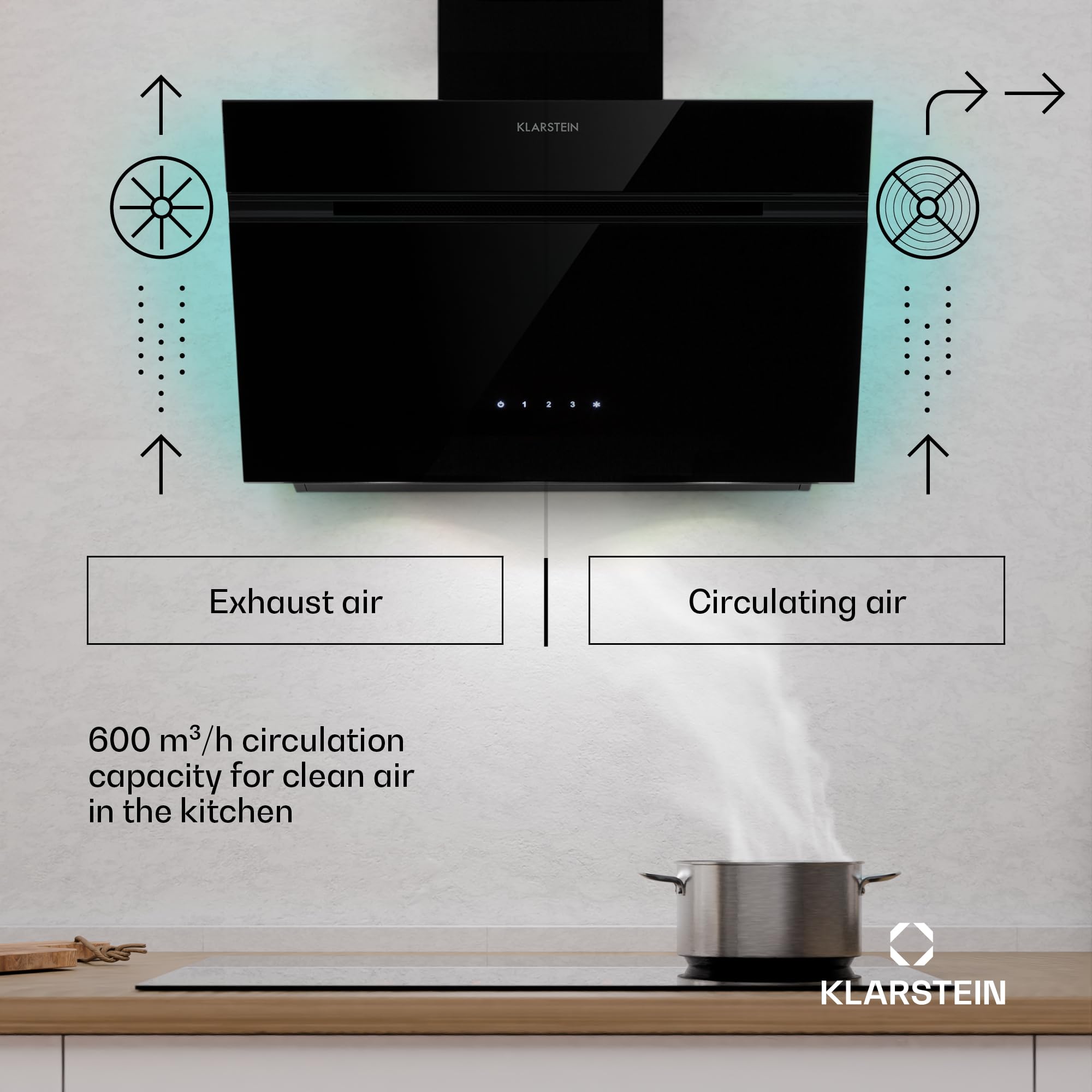 Klarstein Alina 90 Angled Cooker Hood - 600m³/h Air Flow, Touch Panel, LED Backlighting, Quiet 63dB, Energy Class A, 90cm Extractor Hood, Black