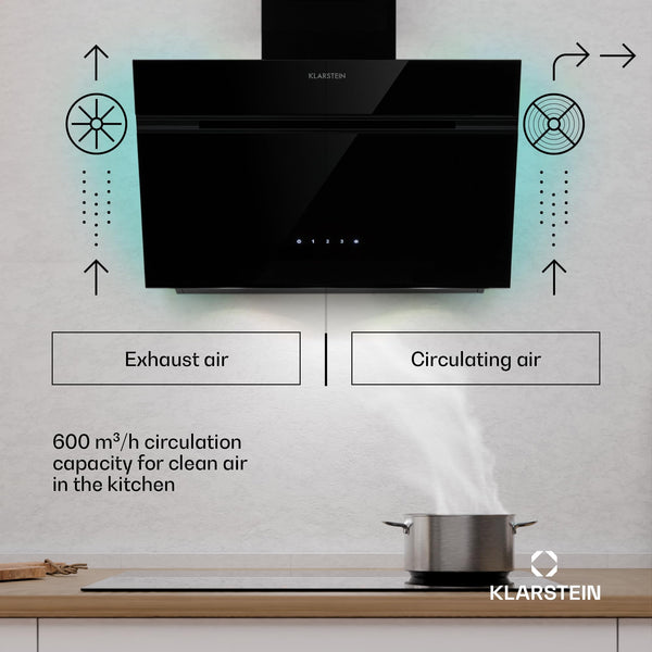 Klarstein Alina 90 Angled Cooker Hood - 600m³/h Air Flow, Touch Panel, LED Backlighting, Quiet 63dB, Energy Class A, 90cm Extractor Hood, Black
