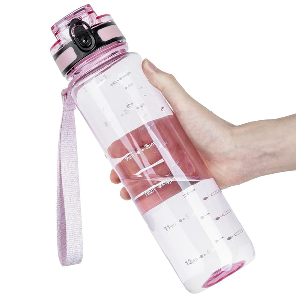 OLDLEY 1L/32oz Sports Water Bottle, 1000ml Motivational Drinks Bottle with Time Markings Leak Proof Drink & Lock Cover & No Straw, BPA Free for Adults Women Men Gym School Cycling Running Hiking